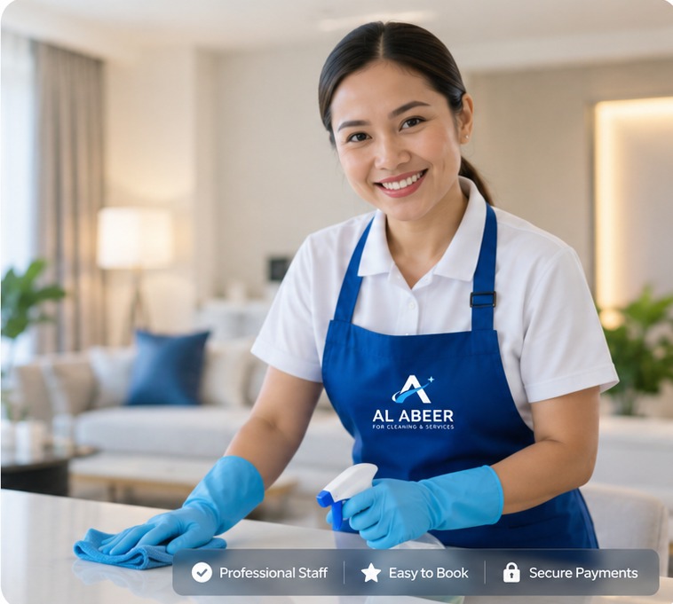Filipina cleaning professional wearing blue uniform in a bright home
