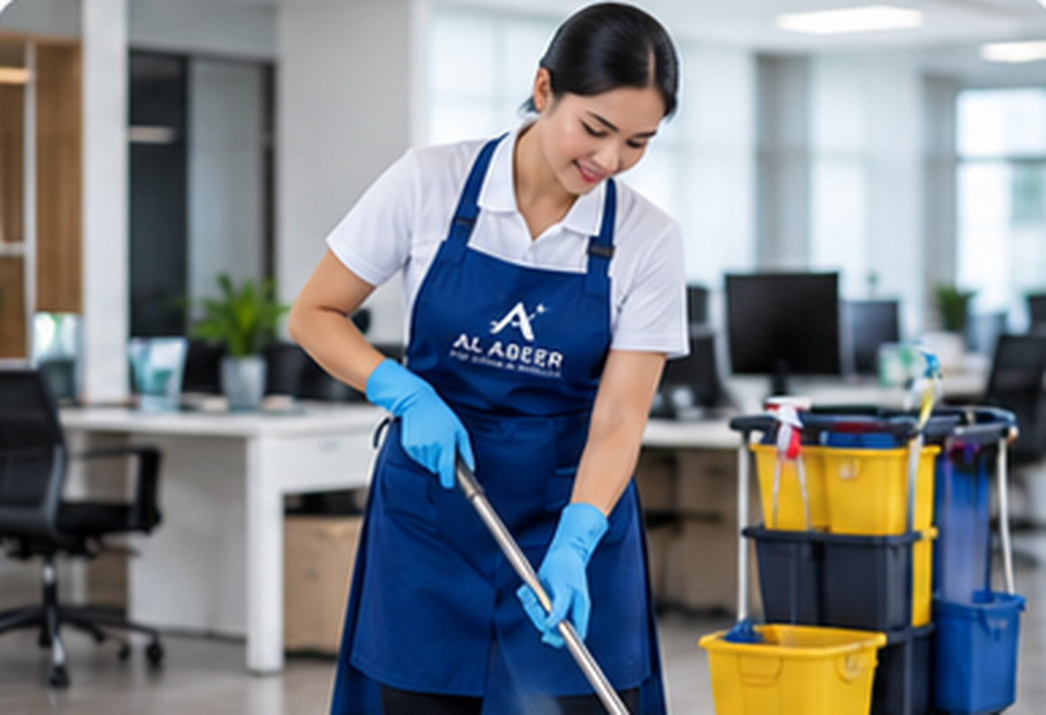 Uniformed cleaning professional mopping a commercial office floor — Commercial Cleaning