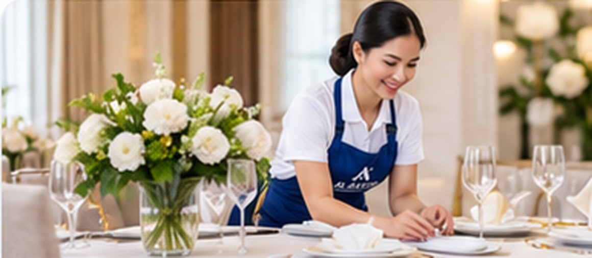 Uniformed hospitality professional preparing an event table — Hostess & Event Staffing