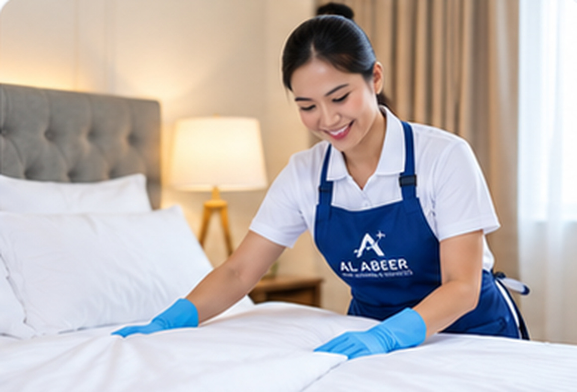 Uniformed housekeeper making a bed — Maid Services