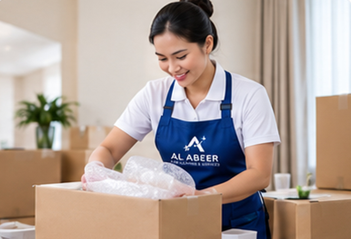 Uniformed cleaning professional unpacking and cleaning for a move — Move-In / Move-Out