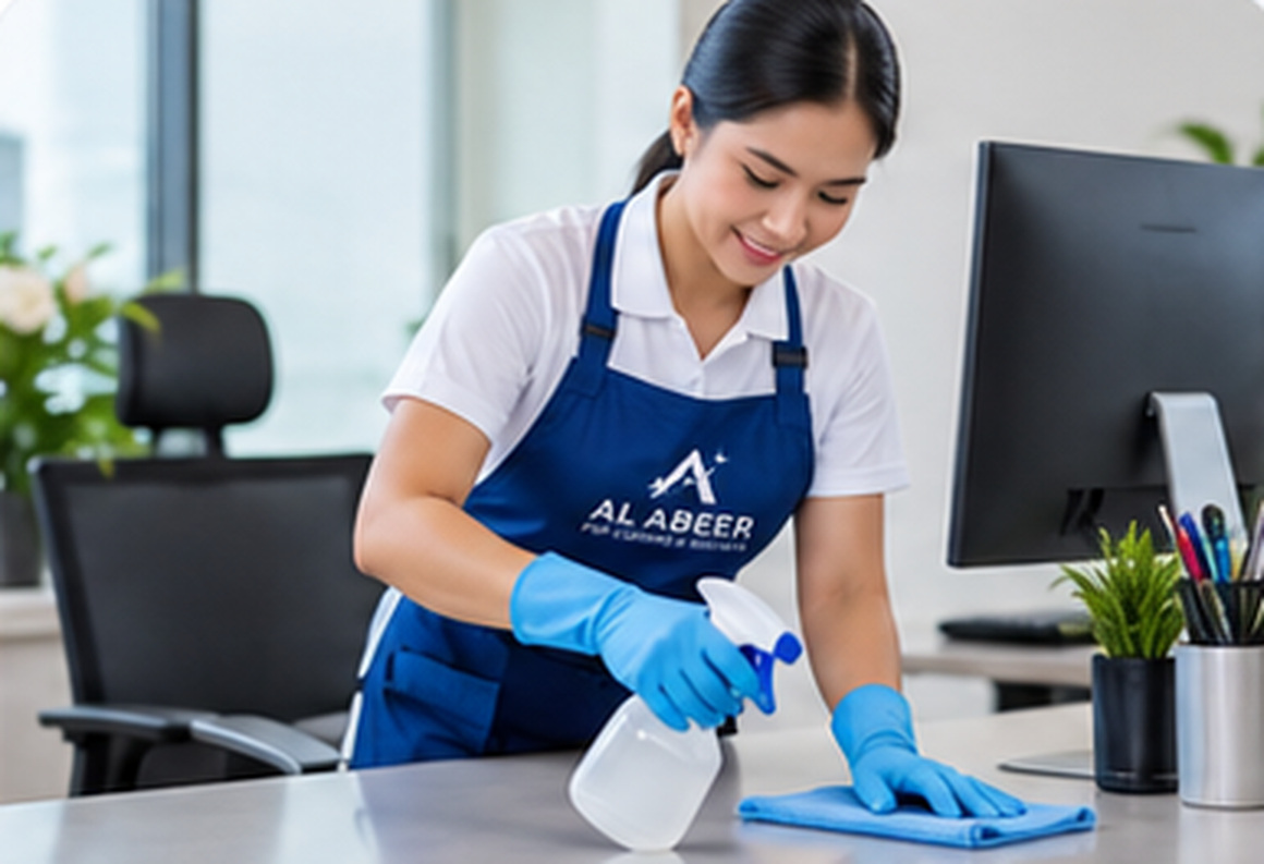 Uniformed cleaning professional cleaning an office desk — Office Cleaning