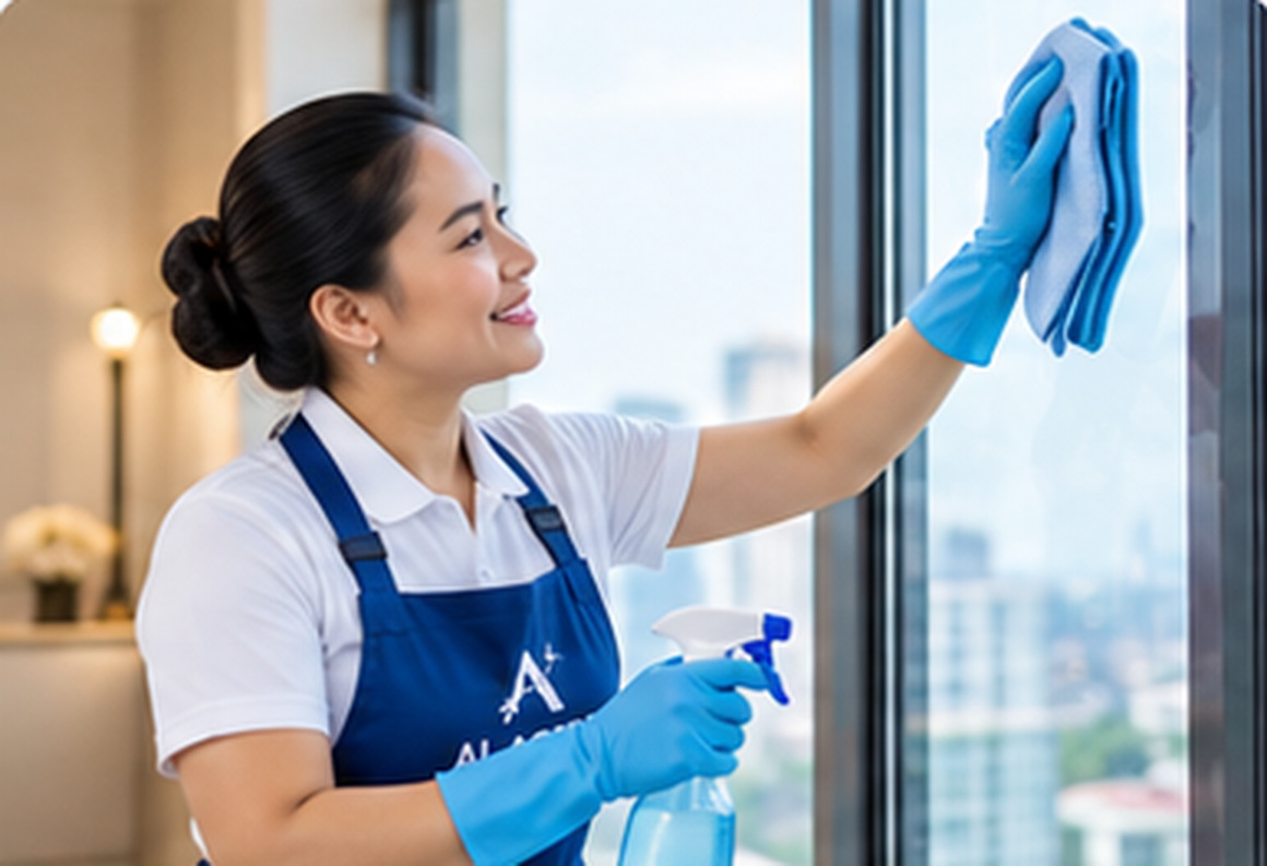 Uniformed cleaning professional wiping a glass window — Window Cleaning